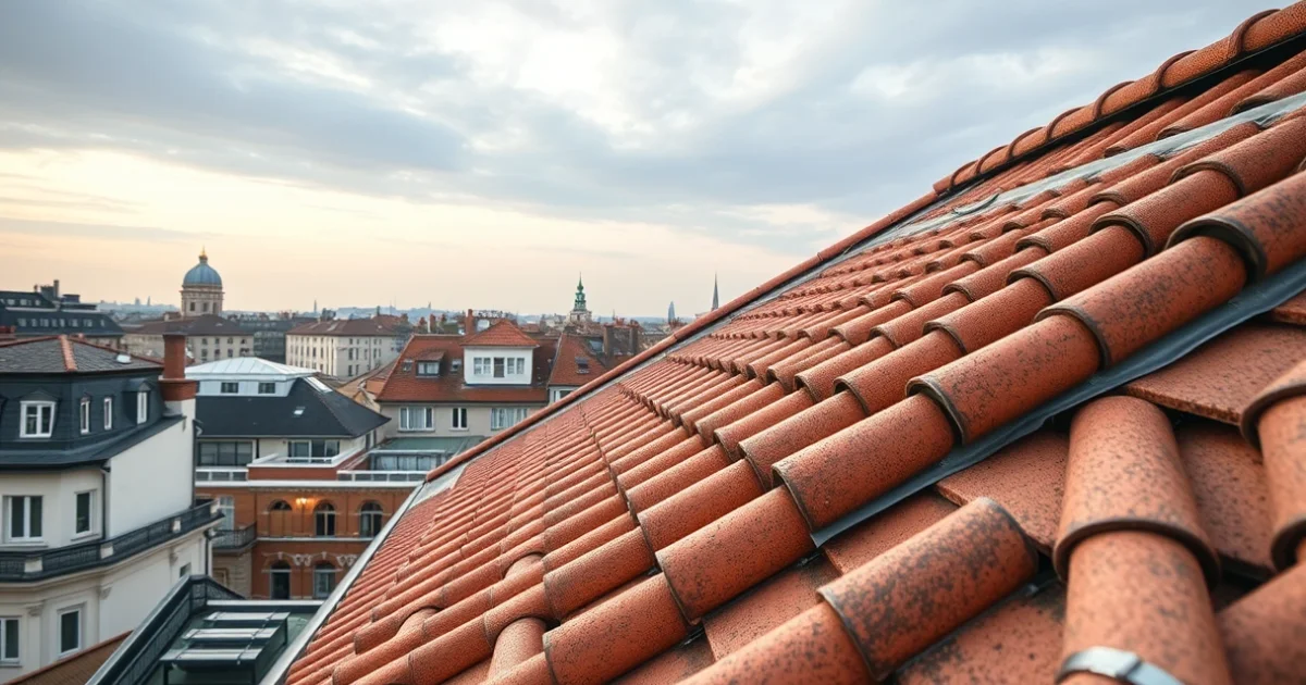 Budapesti felújított tető részletes közelképe új cseréppel, fém elemekkel és tiszta ereszcsatornákkal, profi kivitelezéssel.