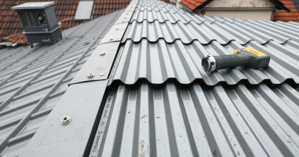 Új cserepeslemez tető Tatabányán, precíz szerelés, modern eszközök, régi palatető háttérrel, Prémium Tetőépítés munkája.