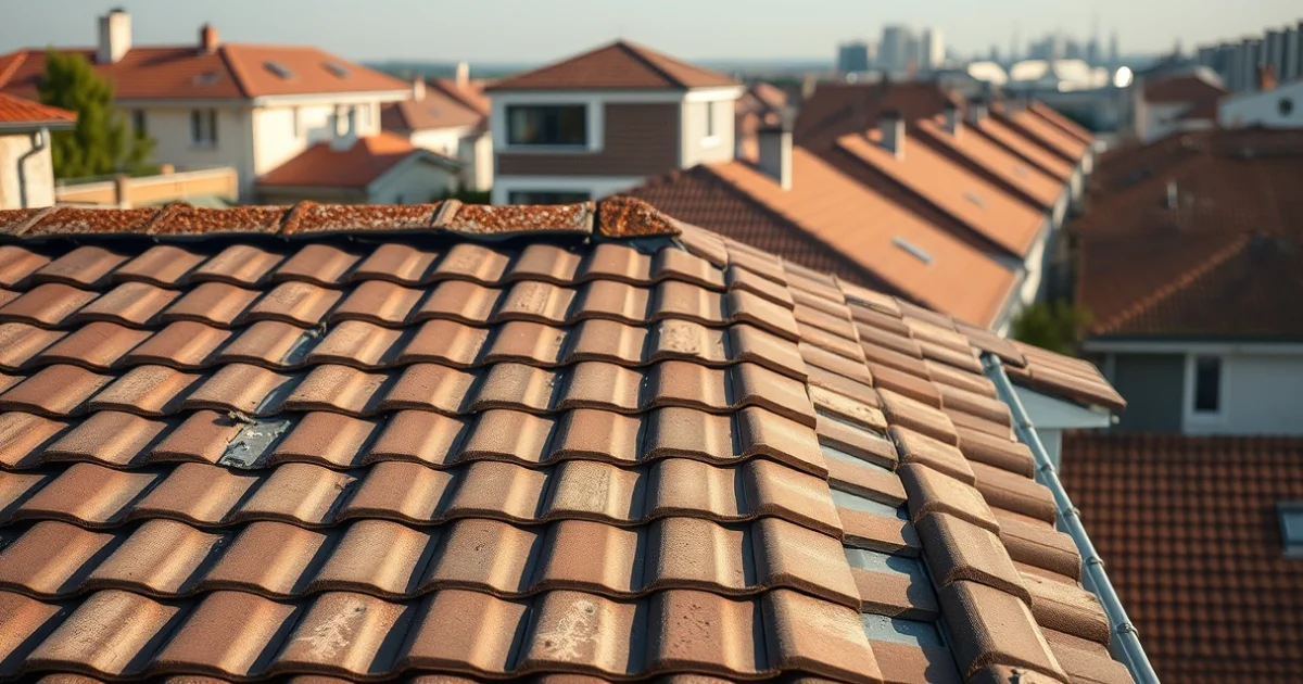 Közeli kép egy frissen felújított, cseréptetős háztetőről Székesfehérváron, profi kivitelezéssel, nappali fényben.